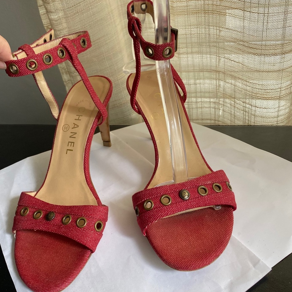 Chanel ankle strap heels sandals mules ankle strap 37-7 red pumps slides slip-on